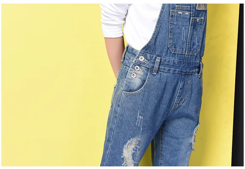 Новое поступление года Для женщин синие джинсы комбинезон с карманами рваные чулок Мотобрюки сладкий Джинсы для женщин Комбинезоны для женщин для Обувь для девочек Размеры XS-XL