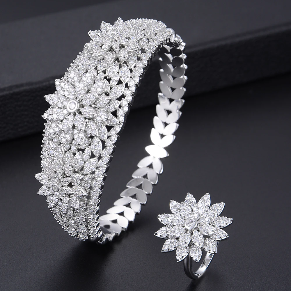 

Popular Women Multicolor Plant Flower Shape Hollow Full Micro Cubic Zirconia Bracelet Bangle Ring Sets Dress Jewelry Sets