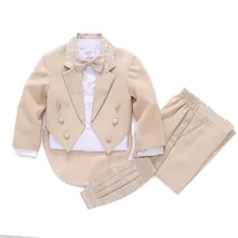 Детский смокинг цвета шампанского с роялем, комплект из 5 предметов для мальчиков: блейзер+ штаны+ рубашка+ бант+ пояс/жилет, свадебное платье с цветочным узором для мальчиков