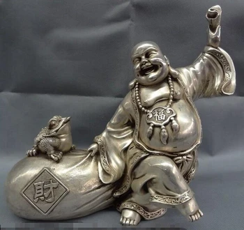 

ZSR 1026++++++14" Buddhism Silver Toad Happy Laughing Maitreya Buddha Money Bag Statue