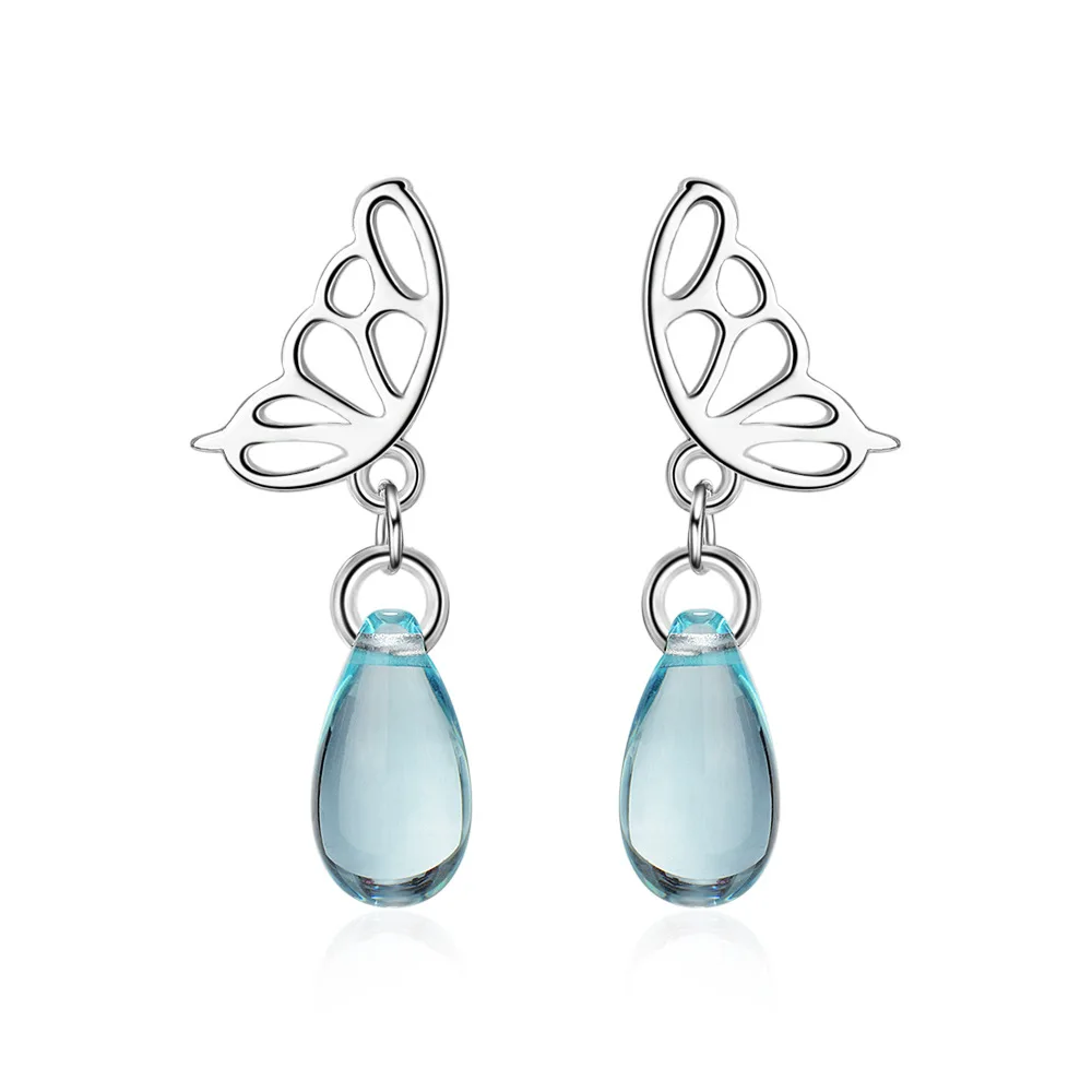 

New Sweet Butterfly Blue Crystal 925 Sterling Silver Ladies Stud Earrings Wholesale Jewelry For Women Drop Shipping Gift