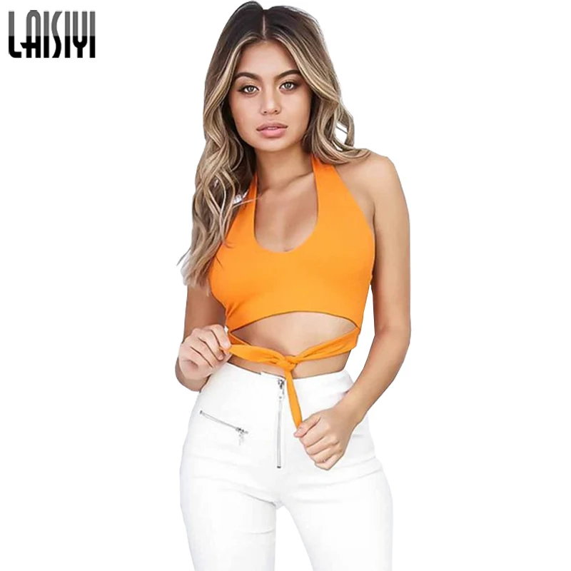 

LAISIYI Summer Sleeveless Beach Backless Sexy Halter Tank Tops Women Lace-up Short Top White Black Camisole Casual ASVE20081