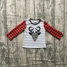 Новое поступление зимне-весенней одежды для маленьких мальчиков с оленями, красная, серая клетчатая хлопковая Изысканная футболка детская одежда с длинными рукавами