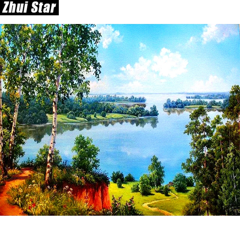 zhui star DIY Round Diamond Painting Kits for Adults Full Drill Cross Stitch Boat Scenery in The Lake Home Decoration 40x50CM