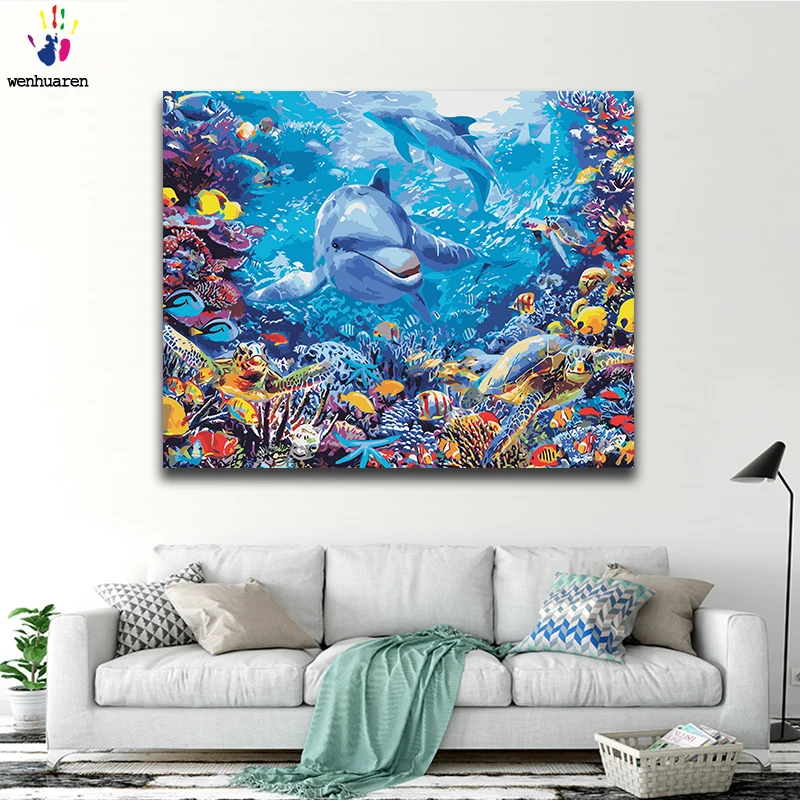 

Diy paint by numbers picture painting by numbers with kits Undersea animals Underwater world Dolphin Filling and coloring gift