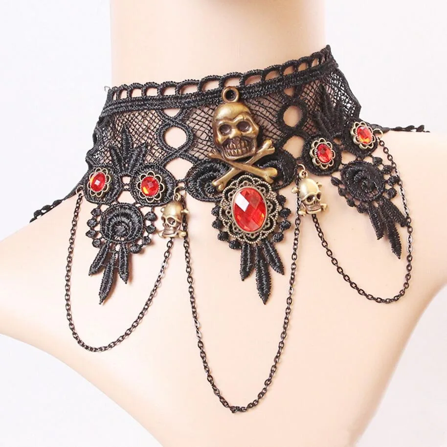 Glorious smuk Udlænding New Gothic Black Lace With Bronze Skulls And Red Crystal Cabs Women`s Lace Choker  Jewelry - Necklace - AliExpress