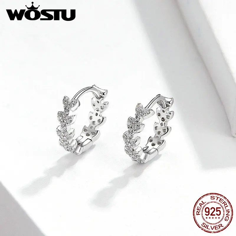 WOSTU, подлинные 925 пробы Серебряная круглой формы, блестящие серьги в виде листьев для женщин, горячая мода, CZ серьги, ювелирное изделие, подарок DAE150