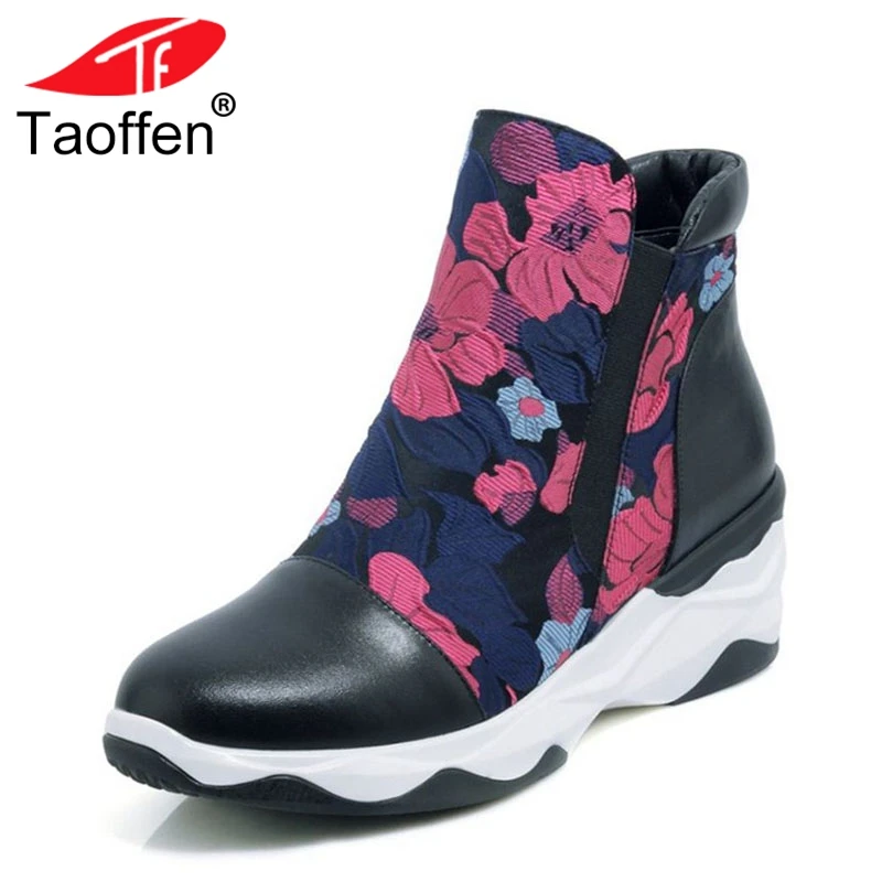 

TAOFFEN Ladies Ankle Boots Platform Print Wedges Genuine Leather Short Botas Retro Ornate Shoes Woman Footwear Size 34-39