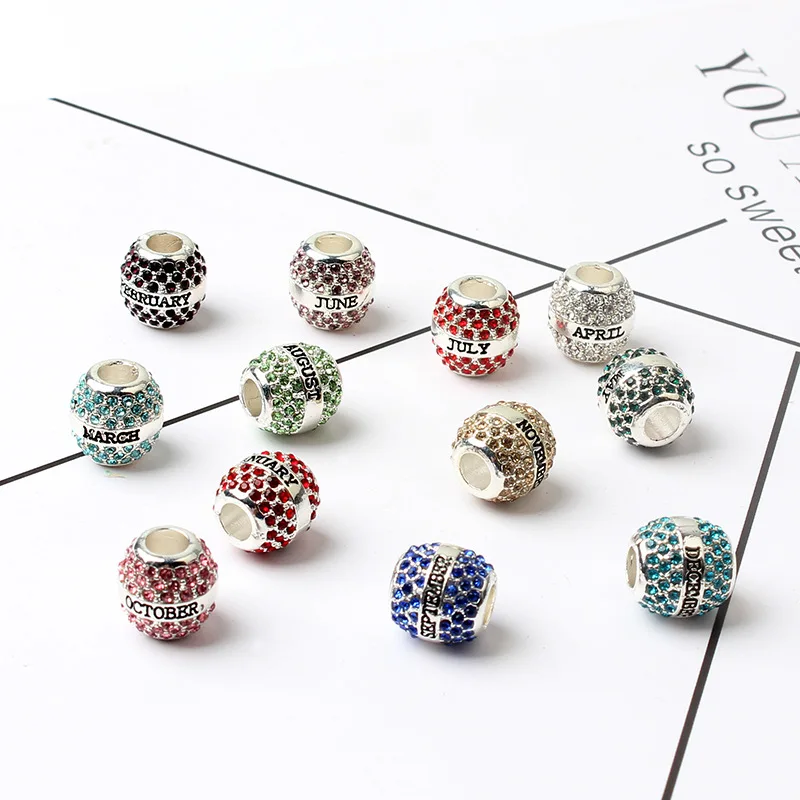 free shipping 1pc 12 month crystal birthstone bead Charms Fits European
