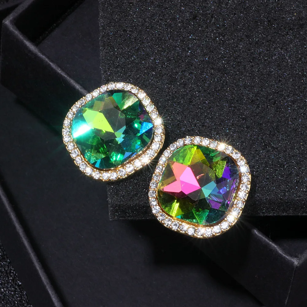 New Fashion Luxury Jewelry Colour Crystal Rhinestone Square Stud Earrings For Woman Gold Color Earring Accessories Brincos WX035