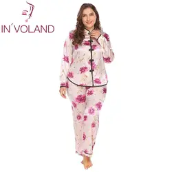 IN'VOLAND большой размеры для женщин пижамный комплект L-4XL атласные пижамы Lounge ночное стенд цвет с длинным рукавом Цветочный Топ Брюки для