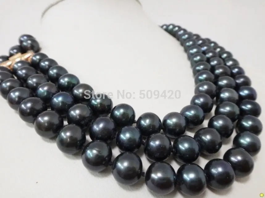 

~~ Free Shipping HOT 9-10MM TRIPLE STRANDS TAHITIAN GENUINE BLACK PEARL NECKLACE 17"18"19