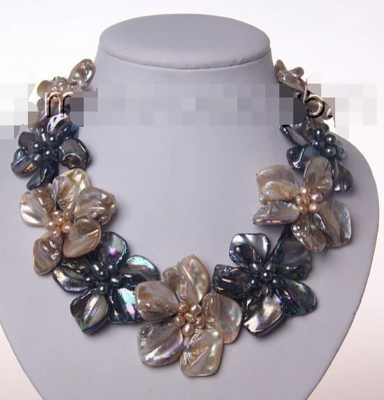 

ddh002739 black champagne baroque pearl shell flower leather necklace