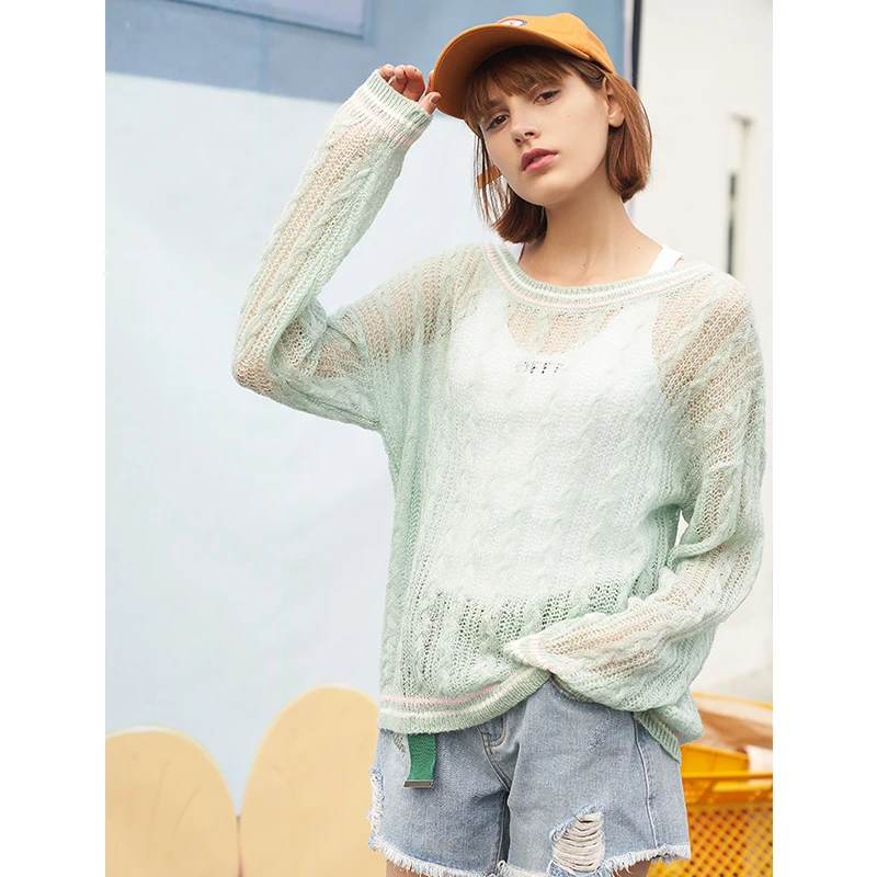 Toyouth 2019 Women Spring Sweater Sexy Hollow Out Round Neck Long Sleeve Sweater New Arrival Female Stripe Print Sweaters