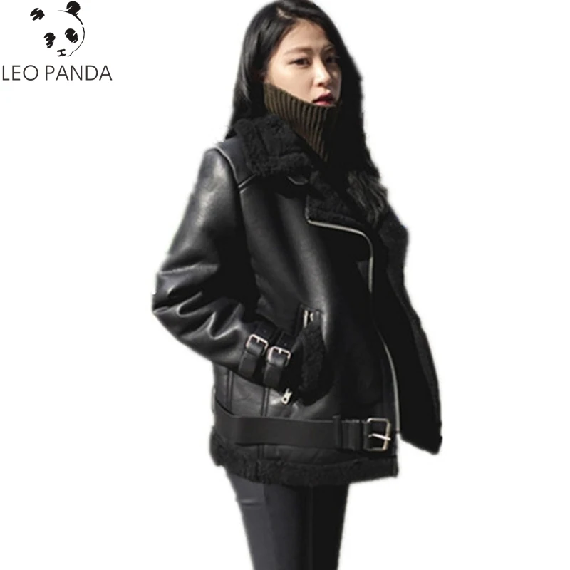 

2018 New Women Lamb fur Bomber Real leather jacket shammy fluff Coat Oversized Moto & Biker Genuine Thick Leather jacket WHF62
