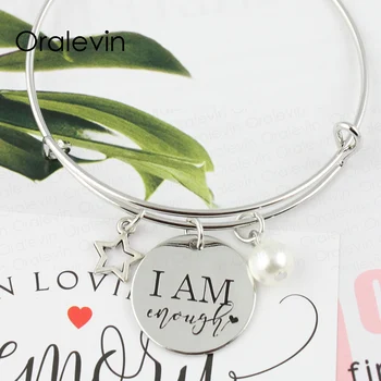 

I AM ENOUGH Inspirational Hand Stamped Engraved Custom Pendant Charm Wire Expandable Bangle Bracelet Jewelry,10Pcs/Lot, #LN2266B