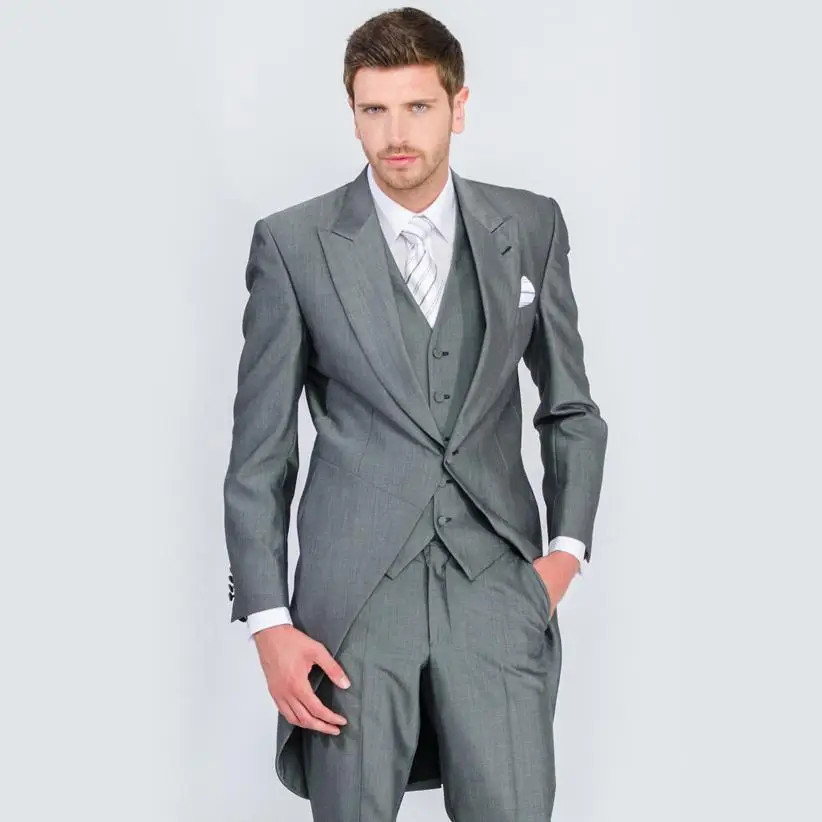 78 Leisure Casual Suit Perfect Male Suits Peaked Lapel one Button Gray Groomsman Tuxedos Wedding men Suits(Jacket+Pants+vest)