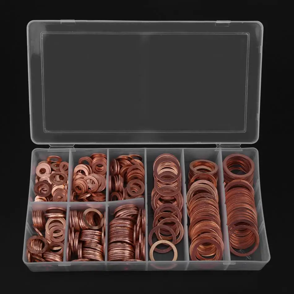 

400PCS Solid Copper Washers Flat Ring Sump Plug Oil Seal Gasket Assorted 9 Sizes with Box