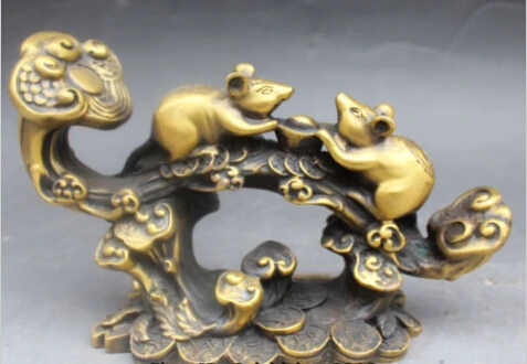 

JP S0043 9" China Fengshui Bronze Zodiac Year Mascot Ru Yi Wealth Yuanbao 2 Mouse Statue