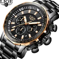 Lige Top Элитный бренд для мужчин s водостойкий кварцевые часы для бизнеса большой циферблат модные повседневное Sprot полный черный