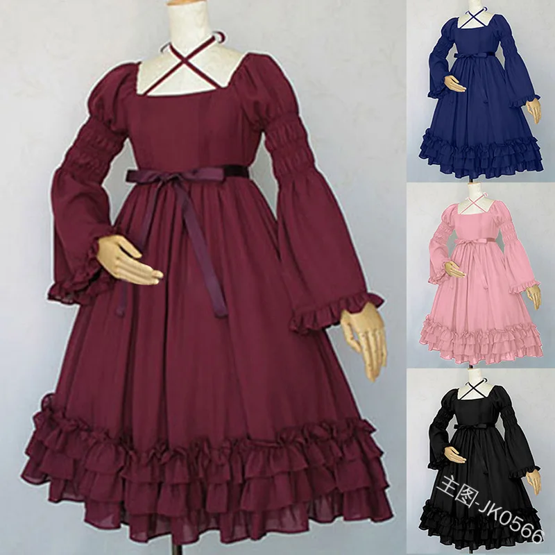 

Free Real Shipping 2019 New 's Blockbuster Plain Square Collar High Waist Bow Petal Bell Sleeve Dress Jk0566 Lolita