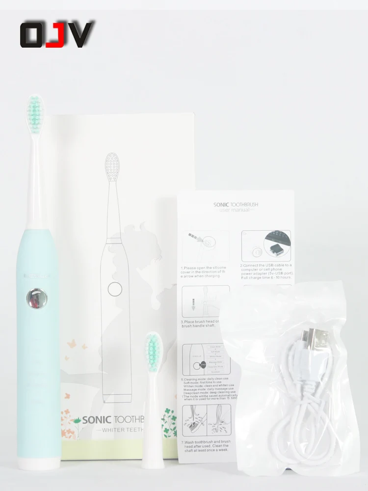 OJV USB Charging Electric Toothbrush Ultrasonic Vibration sonicbrush oclean teeth Whitening and Tooth +2 Brush Head Replacement | Бытовая