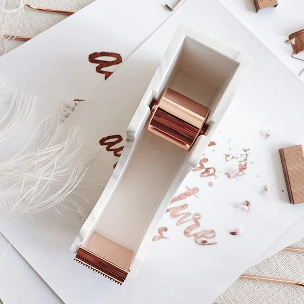 desktop tape dispenser rose gold metal core marble texture body office supplies rose gold tone