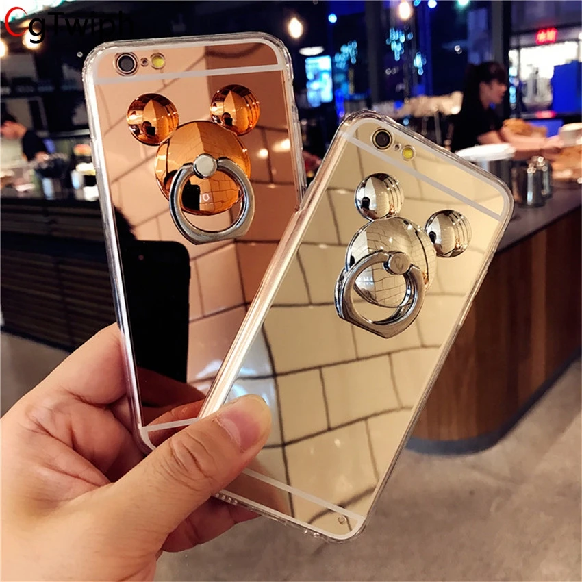 Plating Mirror Ring Stand Case For iPhone XSms XR XS X 8 7 6S Plus Mickey Ears Cartoon Cover Soft Gel Phone Cases |
