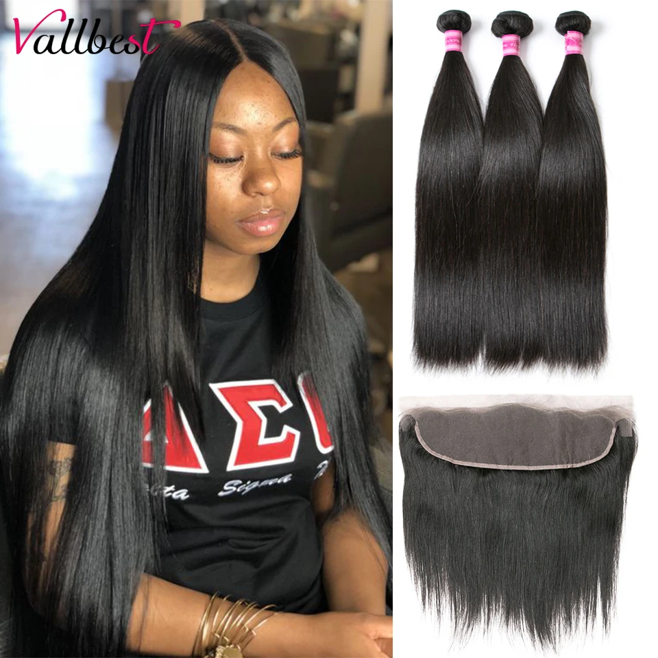 

Vallbest Human Hair Lace Frontal With Bundles Brazilian Straight Hair 3 Bundles With Closure 13*4 Frontal Remy Hair Extension