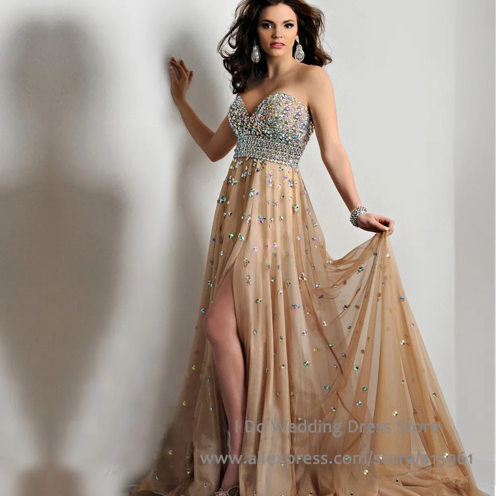Wedding Gold Long Dresses online get cheap gold front long dress aliexpress com alibaba group 2016 new arrival strapless crystal formal evening split prom gown rhinestones e6190