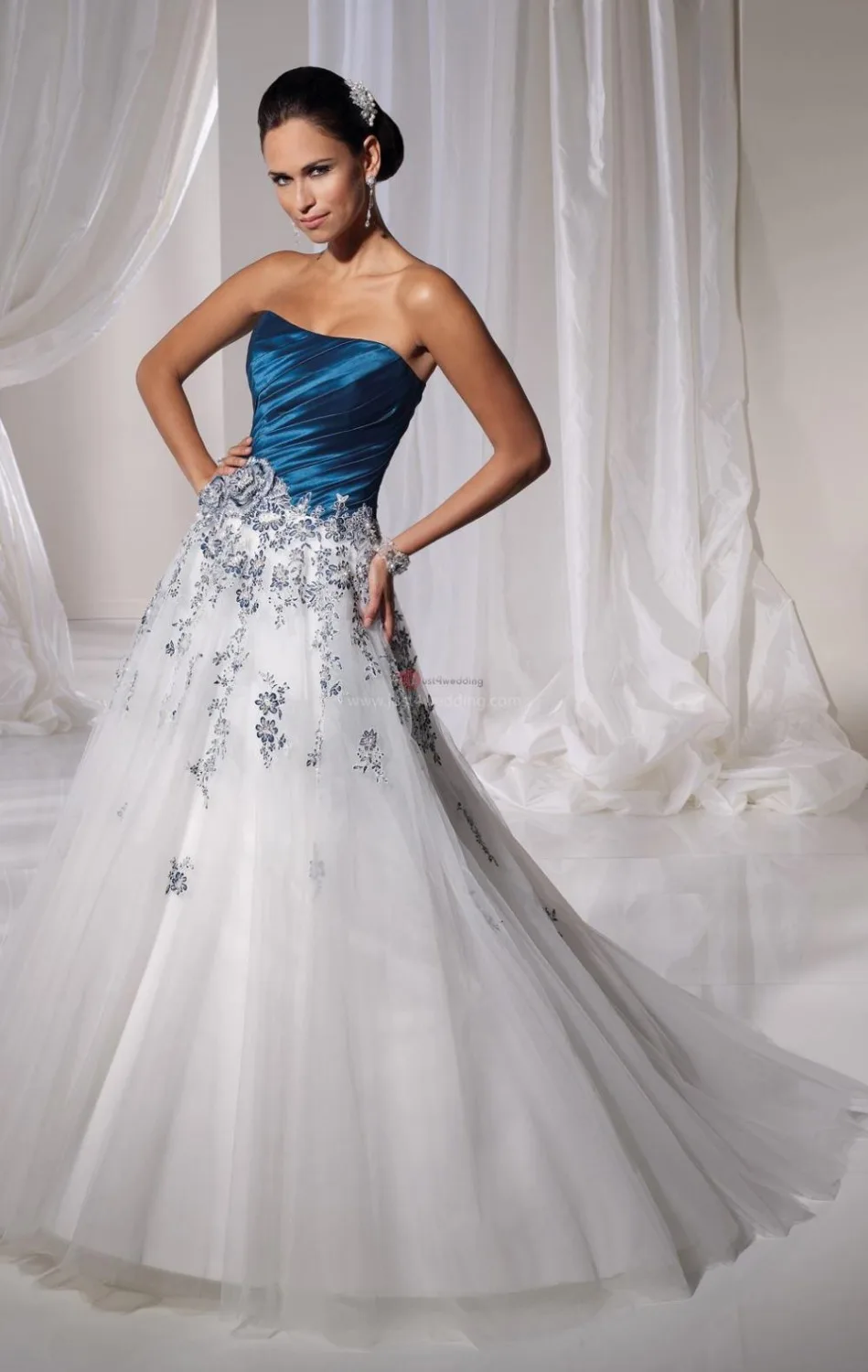 A Line Strapless White and Blue Wedding Dressin Wedding