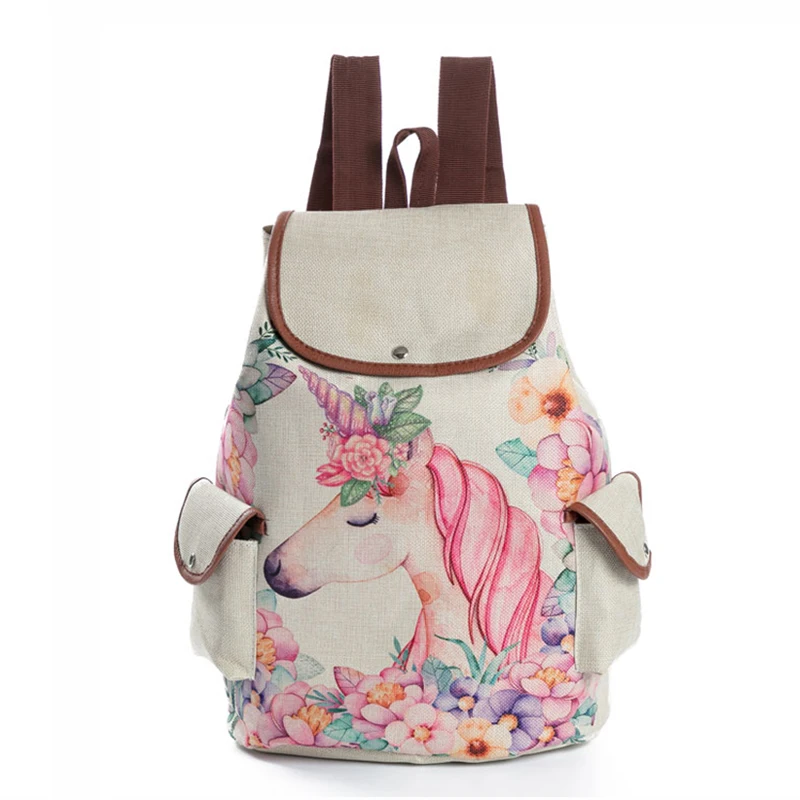 

Casual Cartoon Floral Horse Printed Backpack Unicorn Mummy Linen Drawstring Diaper Bag Travel Baby Nursing Rucksack MBG0282
