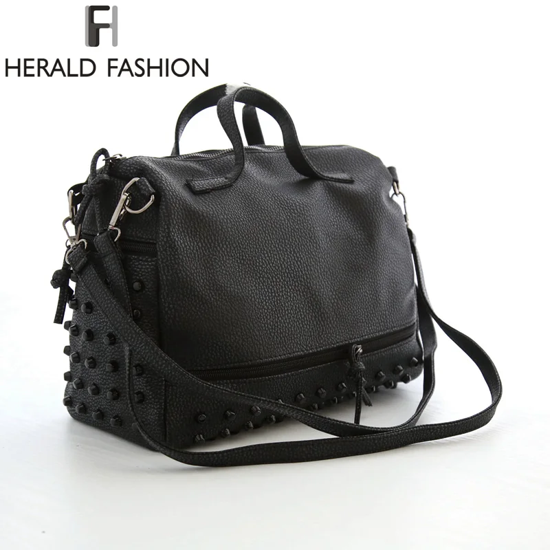Herald Fashion Designer Women Leather Handbags Large Black Shoulder Bags Rivet Ladies Tote Bags Motorcycle Bag Bolsa Feminina