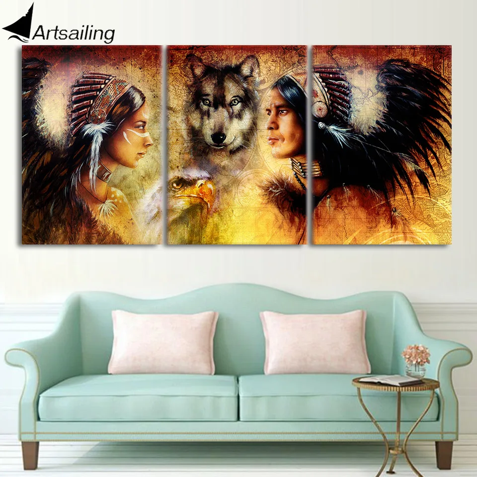 

HD printed 3 piece canvas art wolf warrior feather tribe painting wall pictures for living room free shipping/CU-1619C