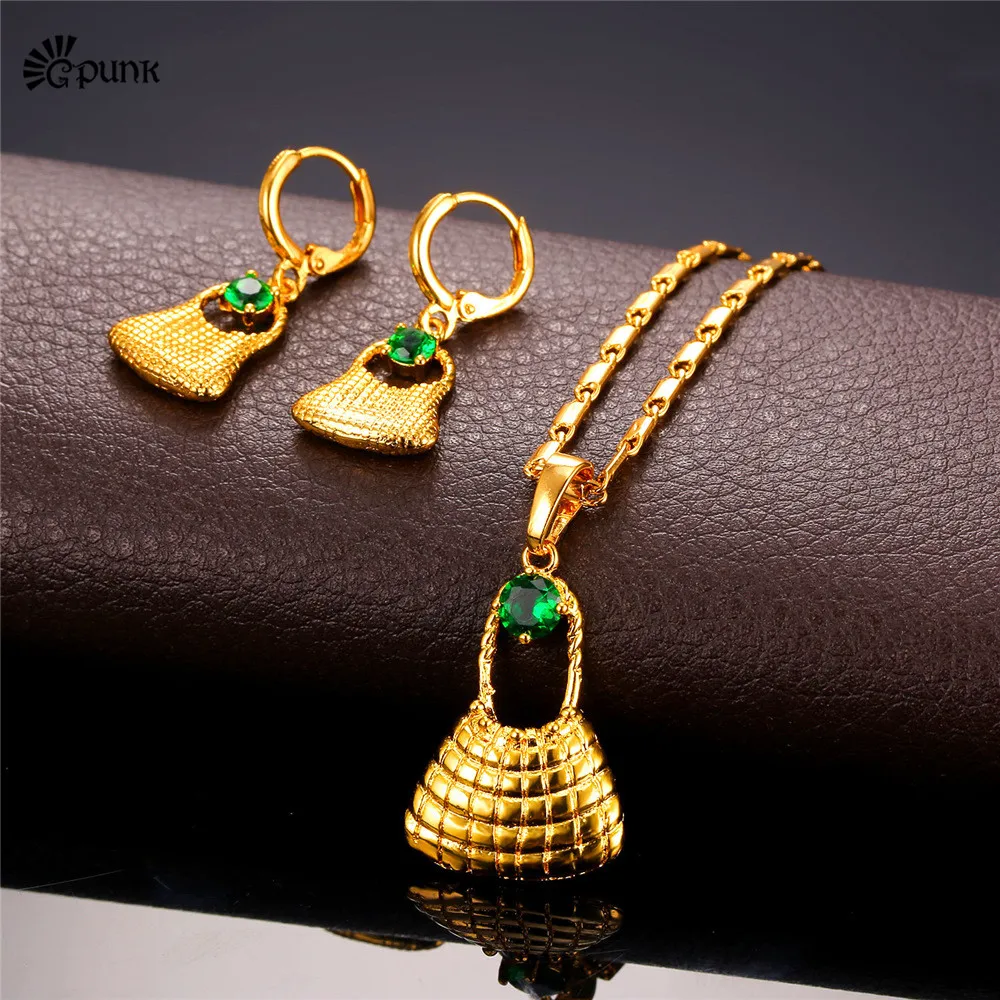 

Bilum Necklace Earrings Set Women Papua New Guinea Jewelry with Green Crystal AAA+ Zirconia Gold Color PNG Bag Set Jewelry Gifts