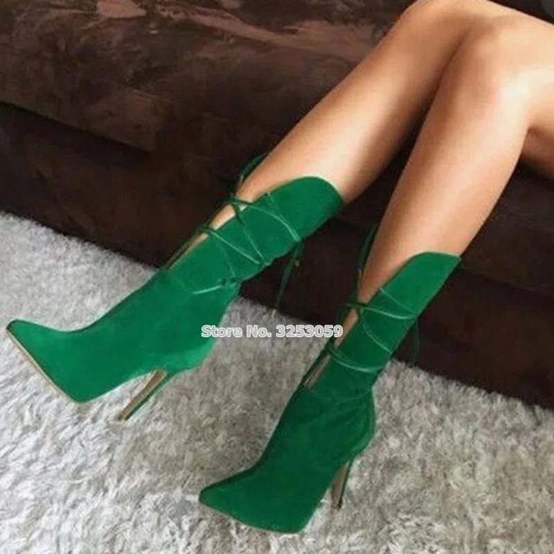 

ALMUDENA Women Green Suede Cross Lace-up Boots Runway Fashion Stiletto Heels Pointed Toe Cut-out Mid-calf Dress Boots Heel Shoes