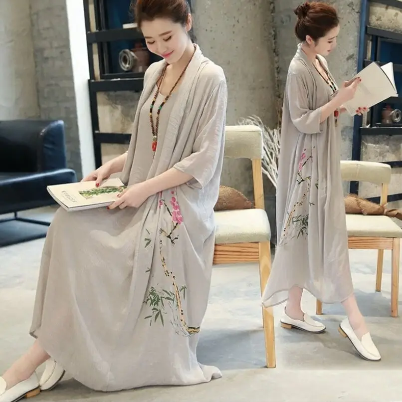 

2018 New Fashion Summer Women Dress Fake two Chinese Robes Vintage Print Long Sleeve Dress Plus Size Linen Dress