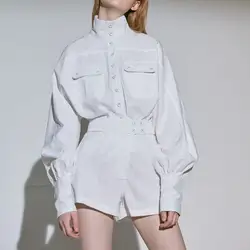 2019 Весенняя женская мода 2 шт. комплект с длинным рукавом высокое качество белая блузка и шорты рубашка с длинным рукавом и модные шорты