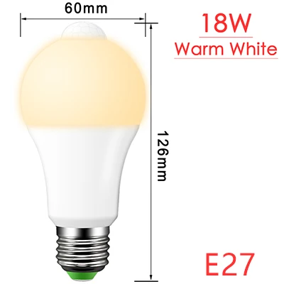E27 B22 Лампа с датчиком движения, лампа с датчиком движения, светодиодный светильник с сумерками до рассвета, IP42, 12 Вт, 18 Вт, переменный ток, 110 В, 220 В, для ворот, коридора, умный ночной Светильник - Испускаемый цвет: E27 18W wram white