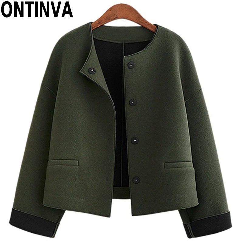 

Army Green Woolen Short Jacket for Women Outerwear Coats with Button Full Sleeve Jacket Cardigan with Pockets 2019 Spring New