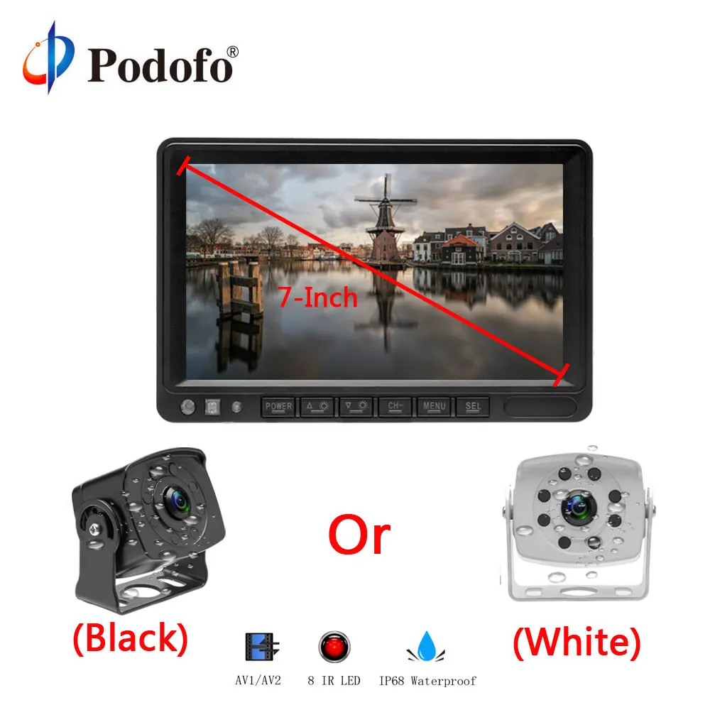 

Podofo 7" TFT LCD Display Monitor 4-pin Connector Car reverse back up rear view camera for Trucks bus Caravan Van RV Trailer