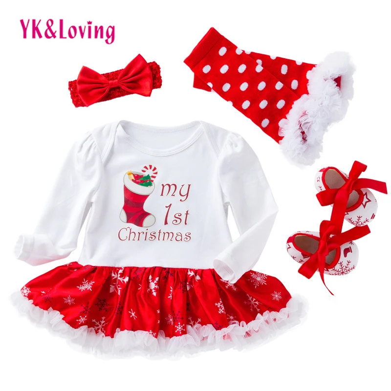 

Christmas Baby Clothes Snowflake Long Sleeve Newborn Romper Dress Baby Girls Clothes Set 4pcs New Year Bodysuit Infant Clothing