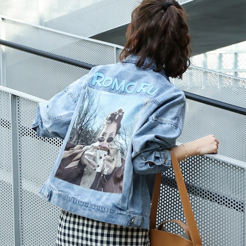 

Basic Bomber Denim Jacket Women Retro Print Long Sleeve Jean Jacket Women 2019 Autumn Casual Loose Blue Coat Female