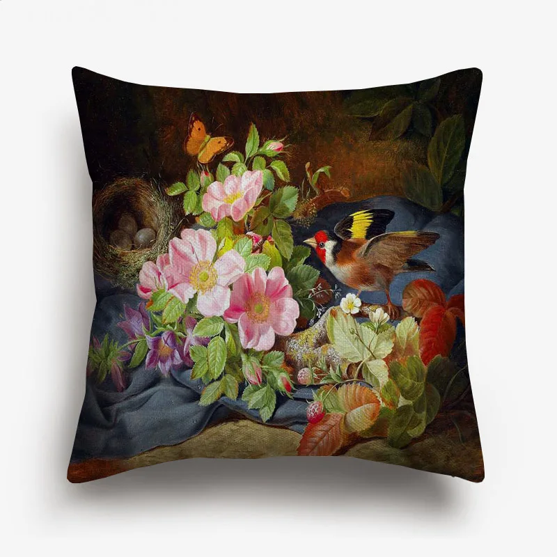 Винтажная картина маслом Подушка с цветочным принтом чехол Европа Ретро стиль цветок птицы льняная наволочка для дивана украшения стула