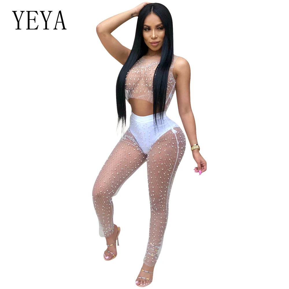 YEYA Sexy Black Mesh Beading Rompers Womens Jumpsuit O-Neck Sleeveless See Through Night Club Party Jumpsuits Two Piece Overalls