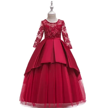 Princess Red Long Sleeves Lace Flower Girl Dresses for Wedding Long Beaded tulle Long Sleeves Prom Pageant Ball Gown new red champagne flower girl dresses long sleeves lace satin mother daughter dresses for children christmas party prom gown