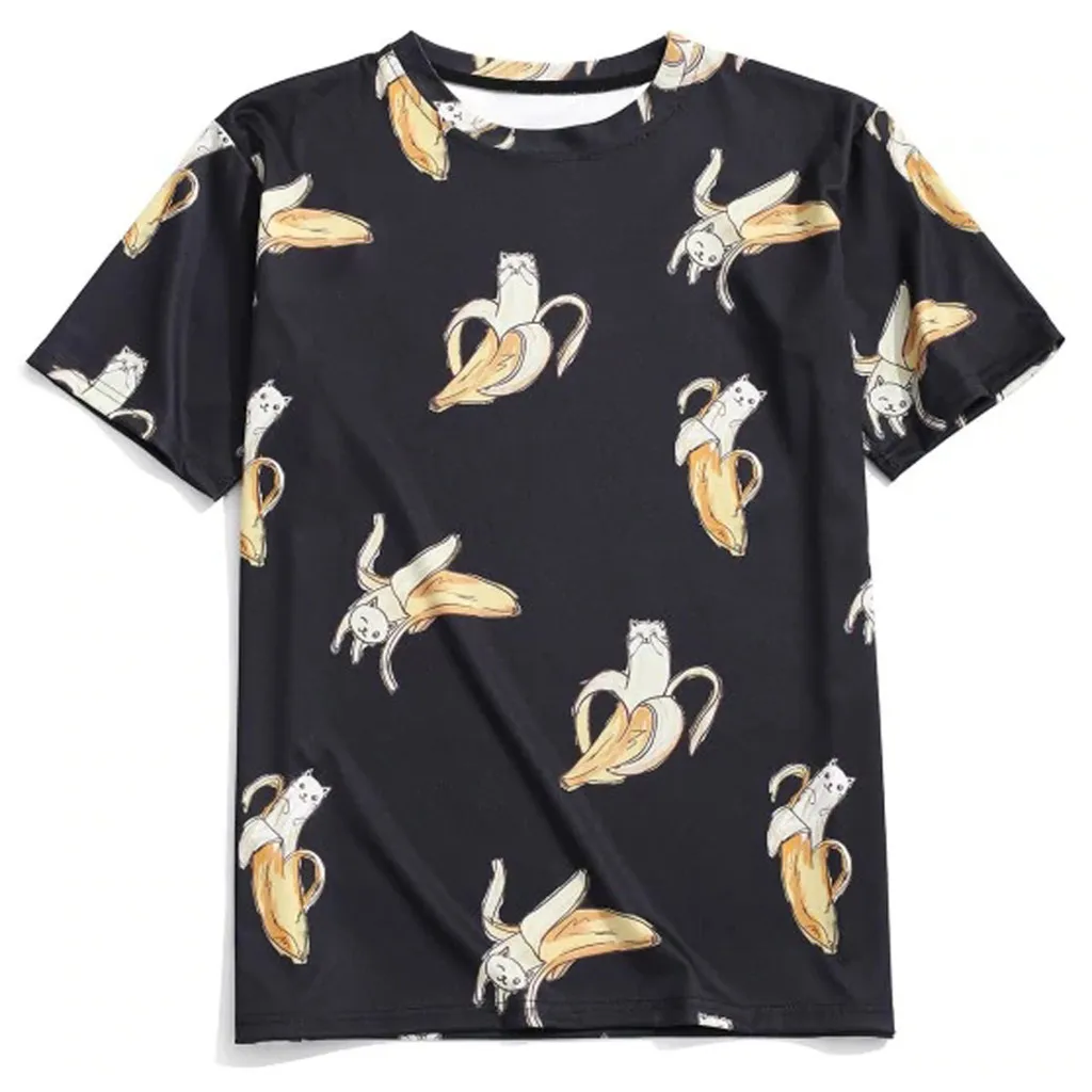 

Men Summer Fashion Casual Printing Short-Sleeve Banana & Cat T-Shirt Kawaii Summer Unisex Beach Loose Tshirt Dropshipping