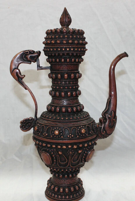 

Collectible bronze S1378 14" Tibet Red Bronze Buddhism Unicorn Dragon Statue Globule Wine Pot Teapot (B0413)