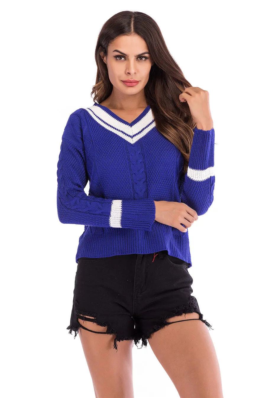 Gladiolus 2018 Striped Pullover Sweater Women V-Neck Long Sleeve Loose Autumn Winter Women Knitted Sweater Casual Jumper Tops (26)