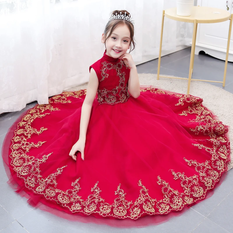 High quality children's dress princess dress red girl birthday dress